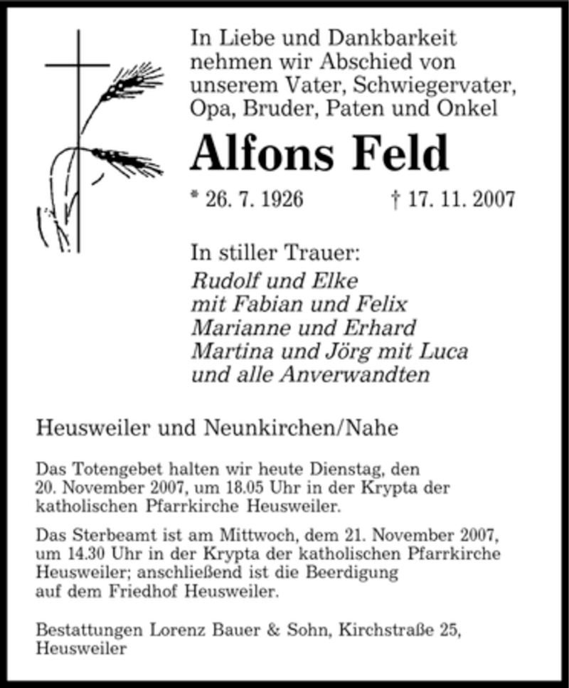  Traueranzeige für Alfons Feld vom 20.11.2007 aus SAARBRÜCKER ZEITUNG