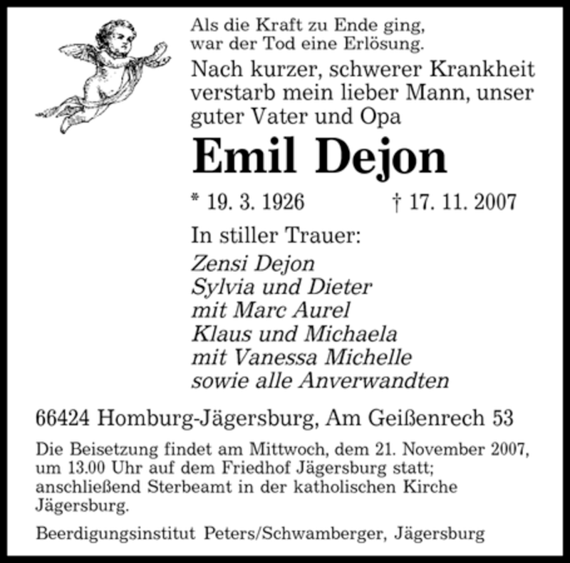  Traueranzeige für Emil Dejon vom 20.11.2007 aus SAARBRÜCKER ZEITUNG