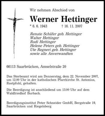 Traueranzeige von Werner Hettinger von SAARBRÜCKER ZEITUNG