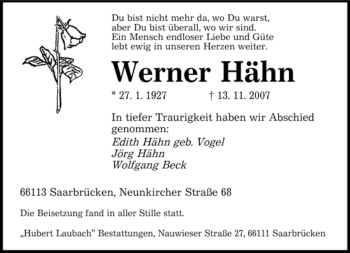 Traueranzeige von Werner Hähn von SAARBRÜCKER ZEITUNG