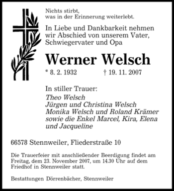 Traueranzeige von Werner Welsch von SAARBRÜCKER ZEITUNG