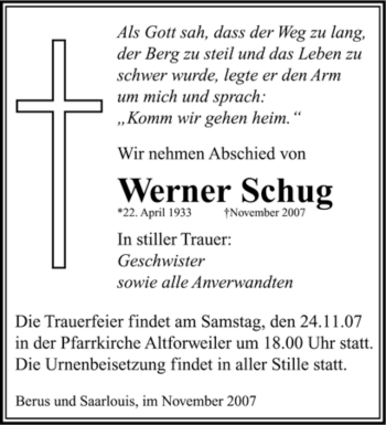 Traueranzeige von Werner Schug von SAARBRÜCKER ZEITUNG