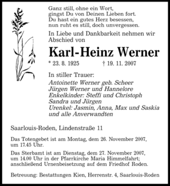 Traueranzeige von Karl-Heinz Werner von SAARBRÜCKER ZEITUNG