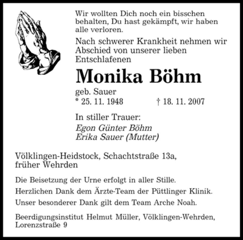 Traueranzeigen von Monika Böhm SaarbrueckerZeitung.Trauer.de
