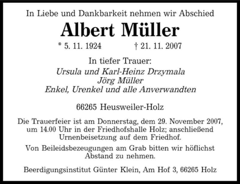  Traueranzeige für Albert Müller vom 26.11.2007 aus SAARBRÜCKER ZEITUNG