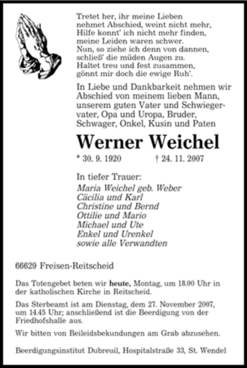 Traueranzeige von Werner Weichel von SAARBRÜCKER ZEITUNG
