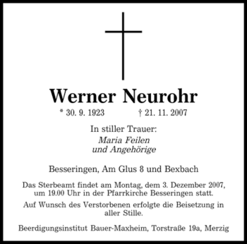 Traueranzeige von Werner Neurohr von SAARBRÜCKER ZEITUNG