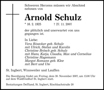 Traueranzeige von Arnold Schulz von SAARBRÜCKER ZEITUNG