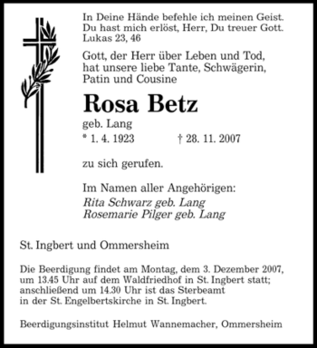 Traueranzeige von Rosa Betz von SAARBRÜCKER ZEITUNG