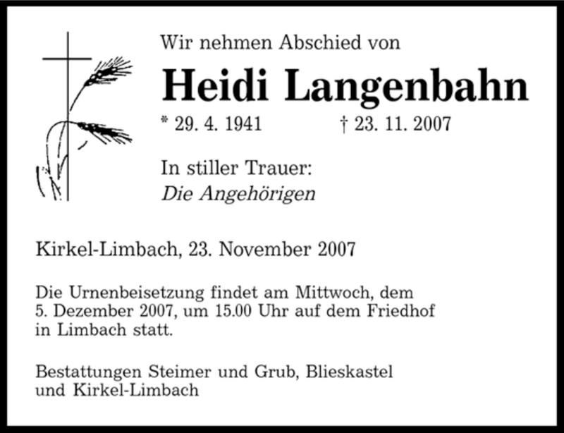  Traueranzeige für Heidi Langenbahn vom 01.12.2007 aus SAARBRÜCKER ZEITUNG