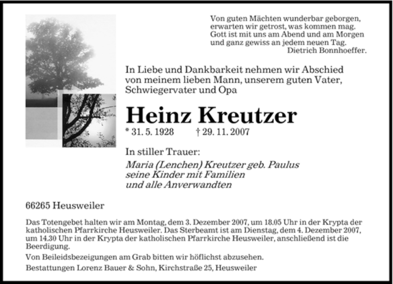  Traueranzeige für Heinz Kreutzer vom 01.12.2007 aus SAARBRÜCKER ZEITUNG