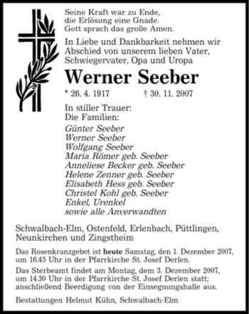 Traueranzeige von Werner Seeber von SAARBRÜCKER ZEITUNG