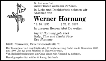 Traueranzeige von Werner Hornung von SAARBRÜCKER ZEITUNG
