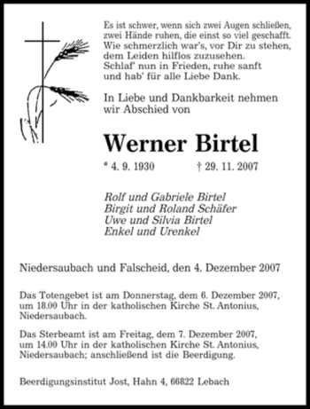 Traueranzeige von Werner Birthel von SAARBRÜCKER ZEITUNG