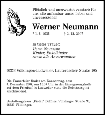 Traueranzeige von Werner Neumann von SAARBRÜCKER ZEITUNG