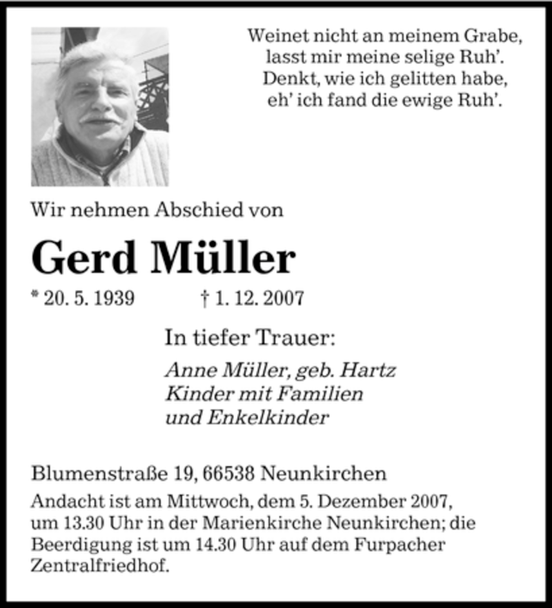 Traueranzeigen Von Gerd Muller Saarbruecker Zeitung Trauer De