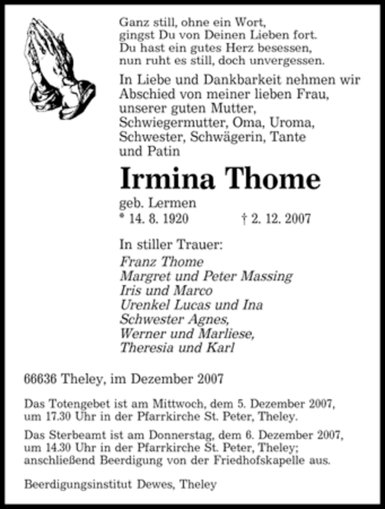  Traueranzeige für Irmina Thome vom 04.12.2007 aus SAARBRÜCKER ZEITUNG