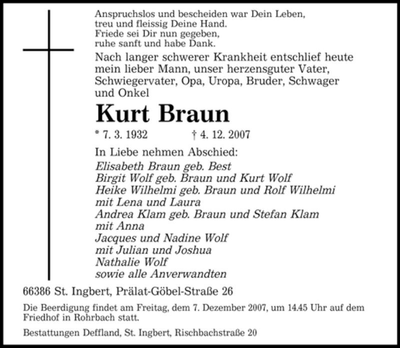  Traueranzeige für Kurt Braun vom 06.12.2007 aus SAARBRÜCKER ZEITUNG
