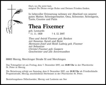 Traueranzeige von Thea Fixemer von SAARBRÜCKER ZEITUNG