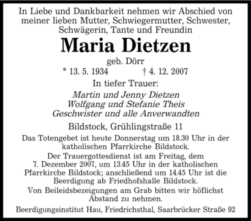  Traueranzeige für Maria Dietzen vom 06.12.2007 aus SAARBRÜCKER ZEITUNG