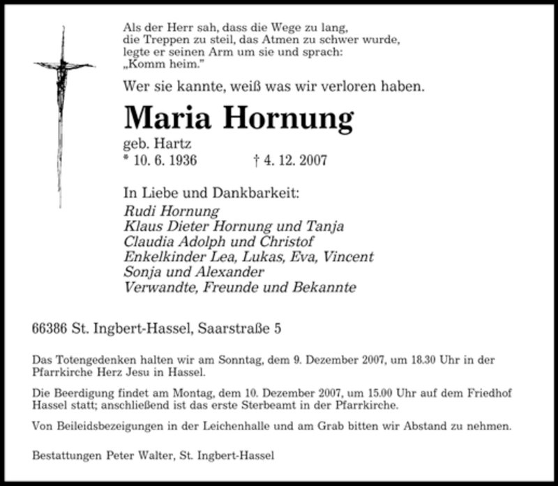  Traueranzeige für Maria Hornung vom 07.12.2007 aus SAARBRÜCKER ZEITUNG