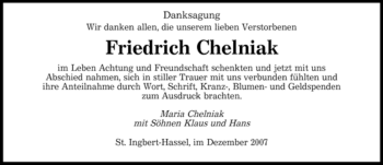 Traueranzeige von Chelniak Friedrich von SAARBRÜCKER ZEITUNG