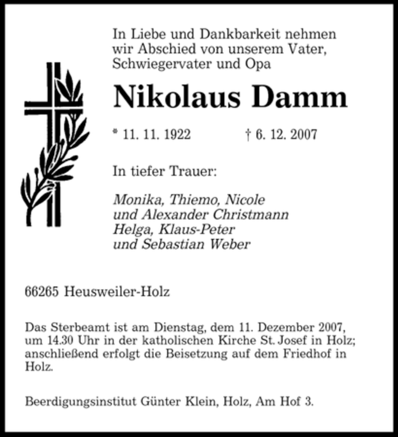  Traueranzeige für Nikolaus Damm vom 08.12.2007 aus SAARBRÜCKER ZEITUNG