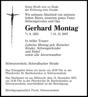 Traueranzeige von Gerhard Montag von SAARBRÜCKER ZEITUNG