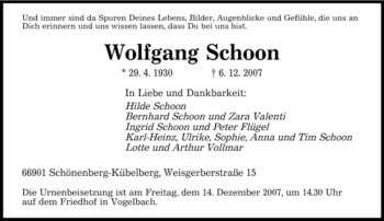 Traueranzeige von Wolfgang Schoon von SAARBRÜCKER ZEITUNG
