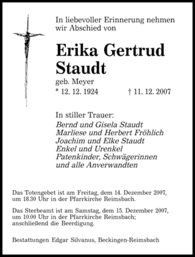  Traueranzeige für Erika Gertrud Staudt vom 13.12.2007 aus SAARBRÜCKER ZEITUNG