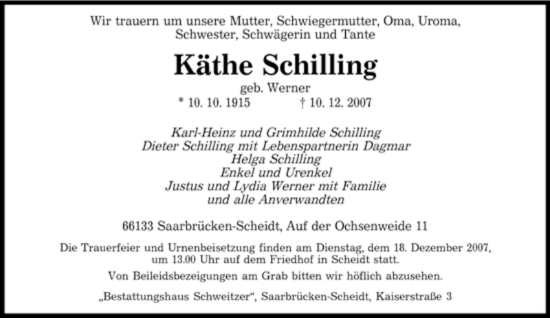  Traueranzeige für Käthe Schilling vom 14.12.2007 aus SAARBRÜCKER ZEITUNG