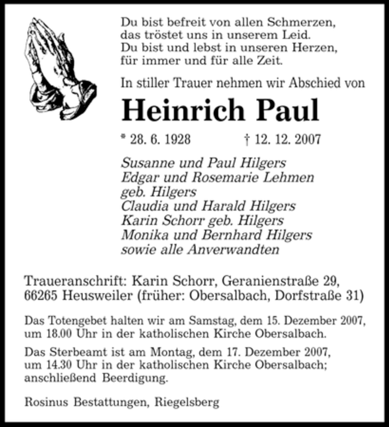  Traueranzeige für Heinrich Paul vom 14.12.2007 aus SAARBRÜCKER ZEITUNG