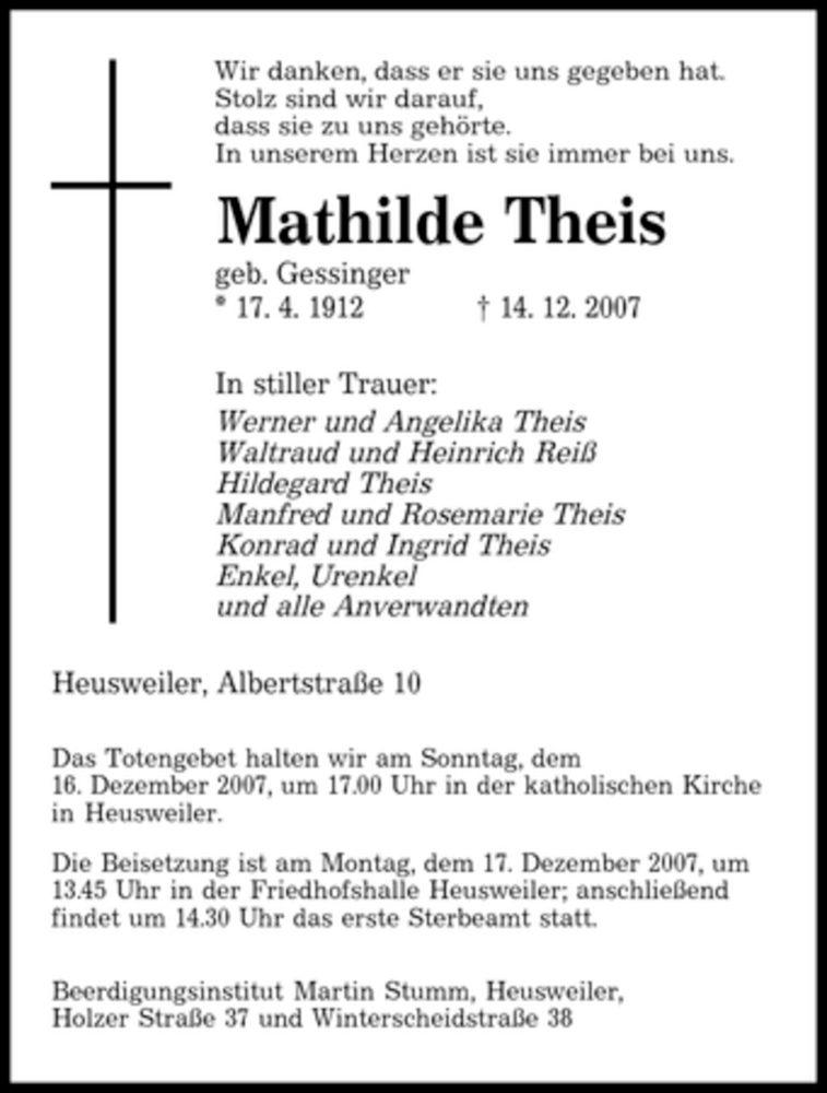  Traueranzeige für Mathilde Theis vom 15.12.2007 aus SAARBRÜCKER ZEITUNG