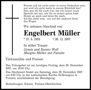 Traueranzeige von Engelbert Müller von SAARBRÜCKER ZEITUNG