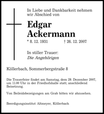 Traueranzeige von Edgar Ackermann von SAARBRÜCKER ZEITUNG