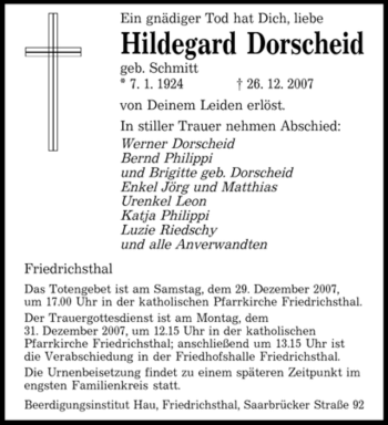 Traueranzeige von Hildegard Dorscheid von SAARBRÜCKER ZEITUNG