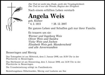 Traueranzeige von Angela Weis von SAARBRÜCKER ZEITUNG