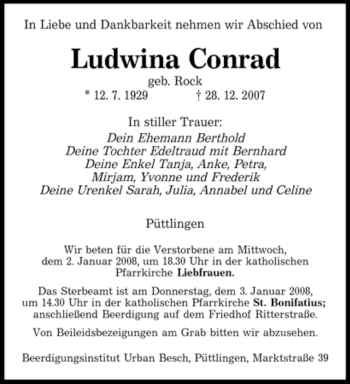 Traueranzeige von Ludwina Conrad von SAARBRÜCKER ZEITUNG