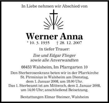 Traueranzeige von Werner Anna von SAARBRÜCKER ZEITUNG