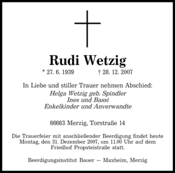 Traueranzeige von Rudi Wetzig von SAARBRÜCKER ZEITUNG