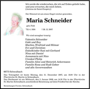 Traueranzeige von Maria Schneider von SAARBRÜCKER ZEITUNG