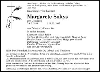 Traueranzeige von Margarete Soltys von SAARBRÜCKER ZEITUNG