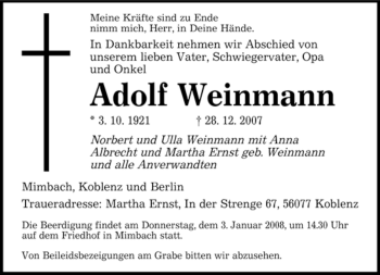 Traueranzeige von Adolf Weinmann von SAARBRÜCKER ZEITUNG