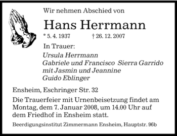 Traueranzeige von Hans Hermann von SAARBRÜCKER ZEITUNG