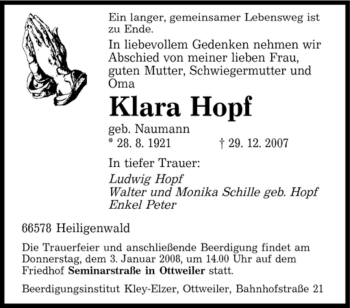 Traueranzeige von Klara Hopf von SAARBRÜCKER ZEITUNG