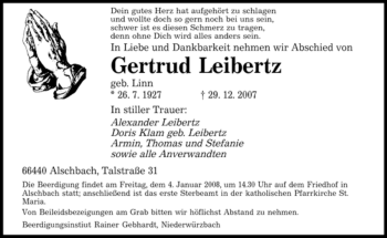 Traueranzeige von Gertrud Leibertz von SAARBRÜCKER ZEITUNG