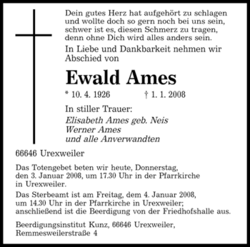 Traueranzeige von Ewald Ames von SAARBRÜCKER ZEITUNG