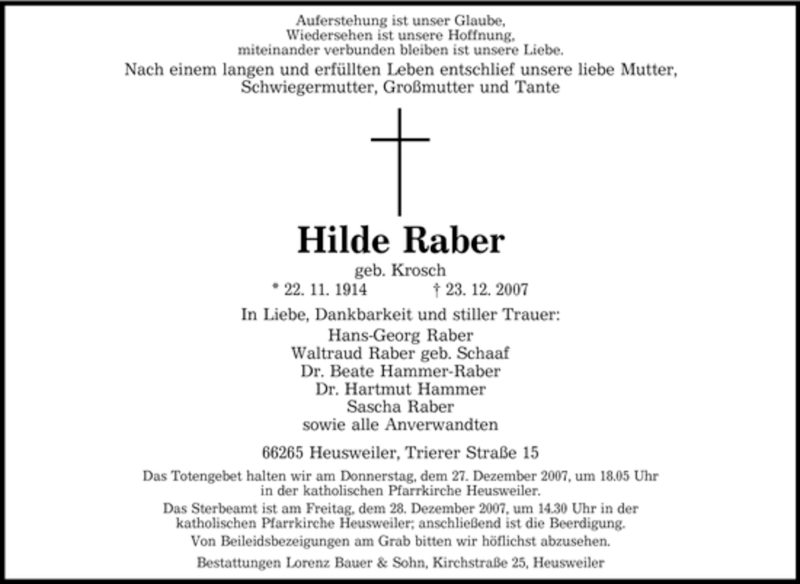  Traueranzeige für Hilde Raber vom 24.12.2007 aus SAARBRÜCKER ZEITUNG
