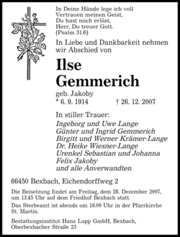 Traueranzeige von llse Gemmerich von SAARBRÜCKER ZEITUNG