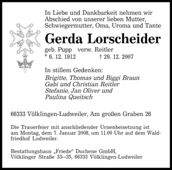 Traueranzeige von Gerda Lorscheider von SAARBRÜCKER ZEITUNG